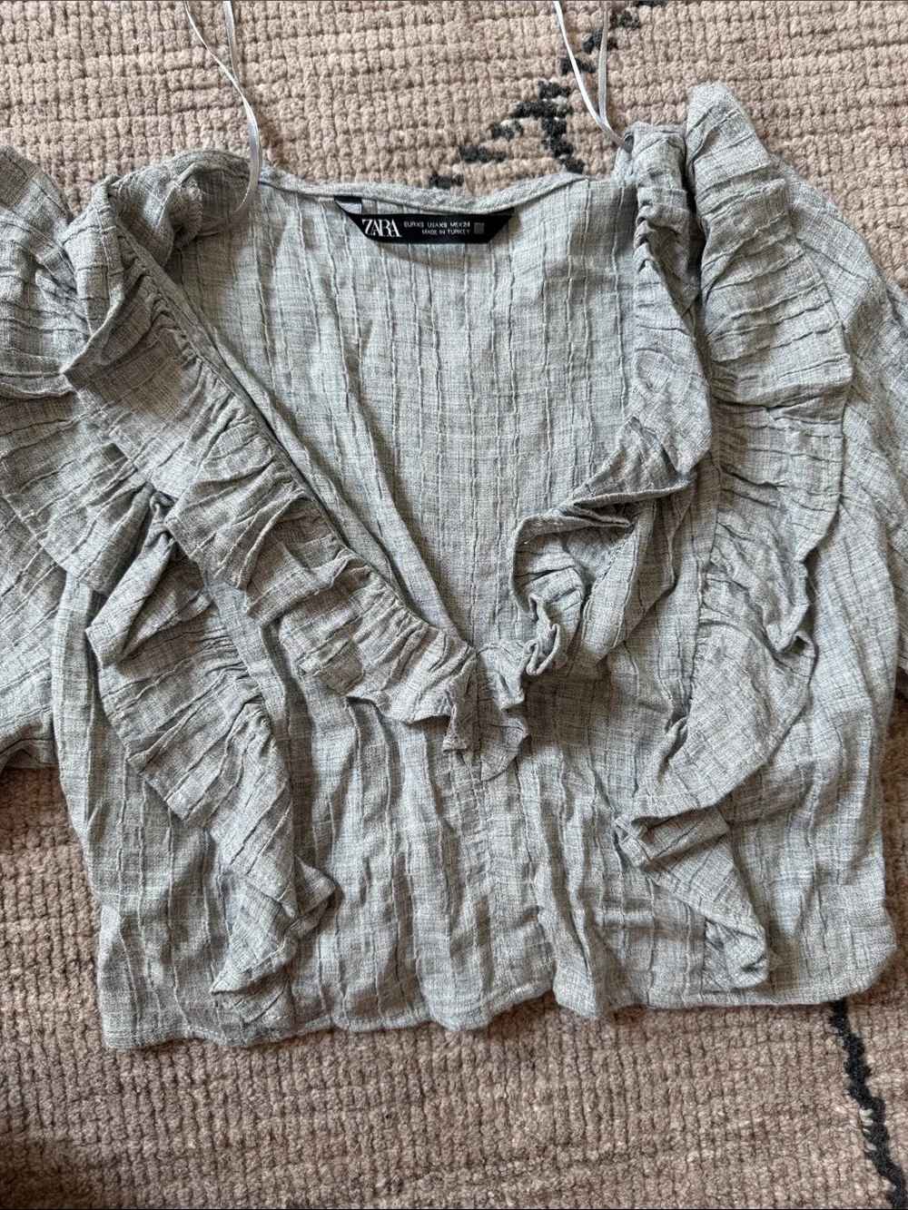 Zara Light Gray Ruffle-Front Long Sleeve Crop Top
